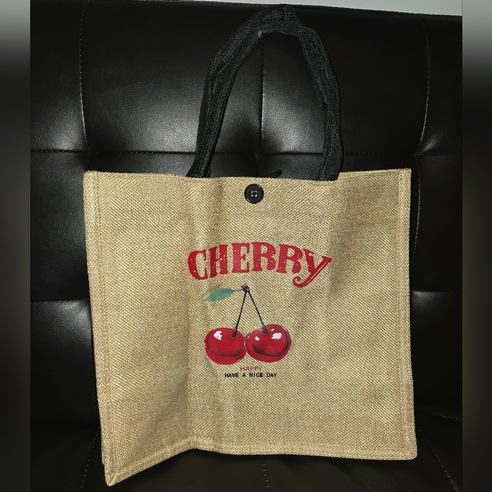 Cherry Jute Tote Bag with Black Handles